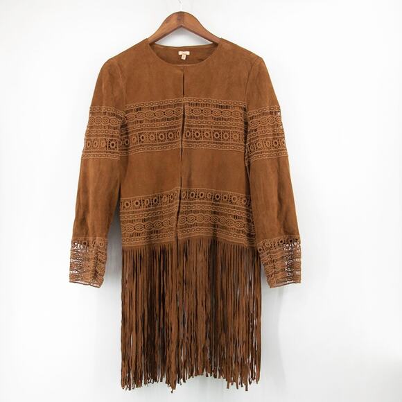 Reba Festival Boho Western Native 100% Goat Leather Fringe Crochet Long Jacket M - Picture 1 of 14